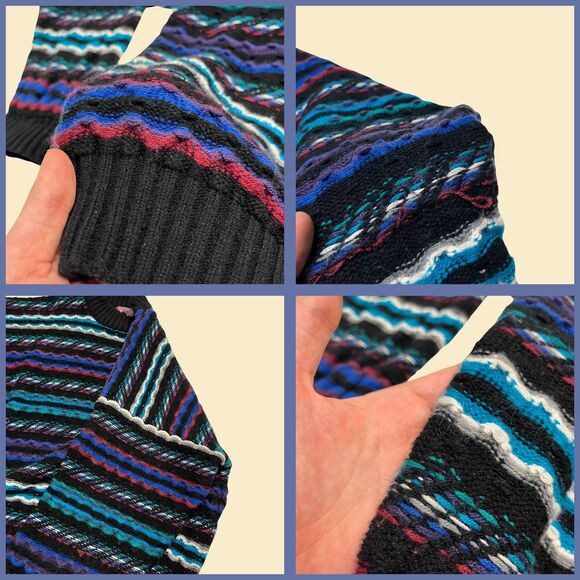 Vintage XL 90s abstract sweater w/ wavy stripes by Concrete, blue/teal pullover - Picture 3 of 8